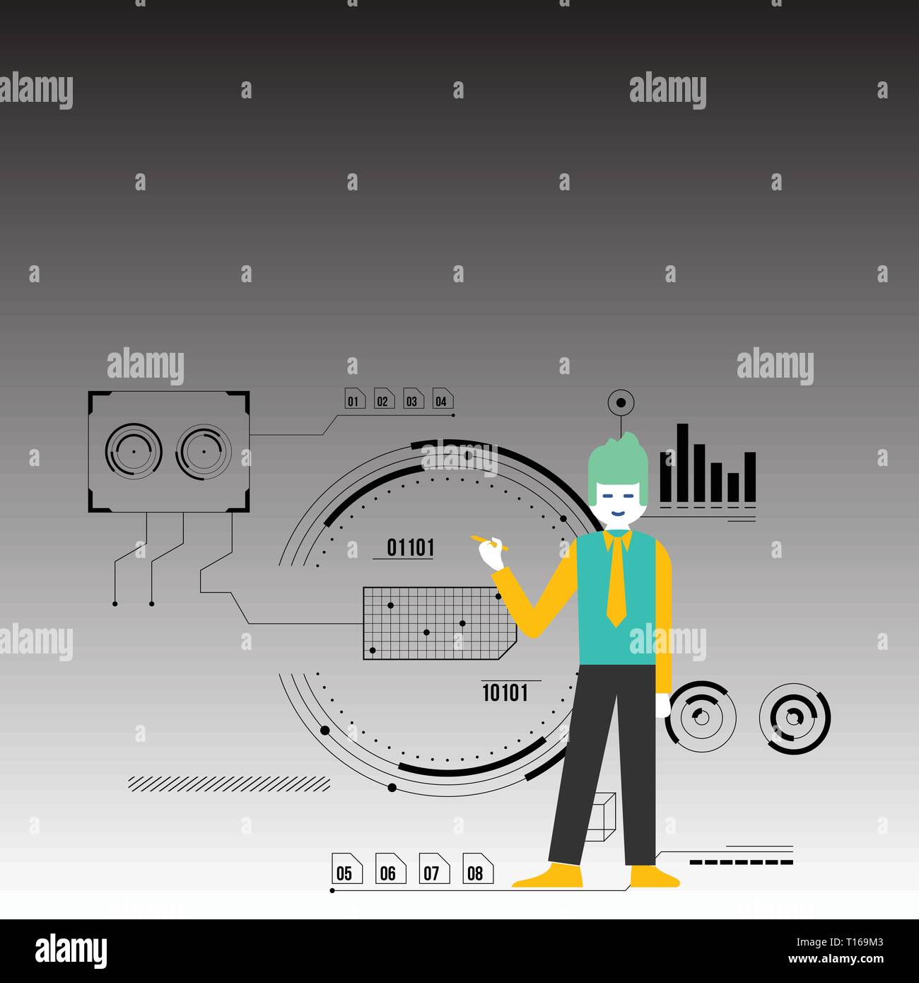 Man Standing Holding Pen Pointing - Man Standing Holding Pen Pointing To Chart Diagram With Seo Process Icons Design Business Empty Template Isolated Minimalist Graphic Layout Template F T169M3 