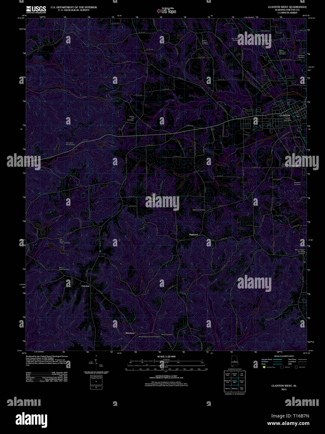 USGS TOPO Map Alabama AL Clanton West 20110927 TM Inverted Stock Photo