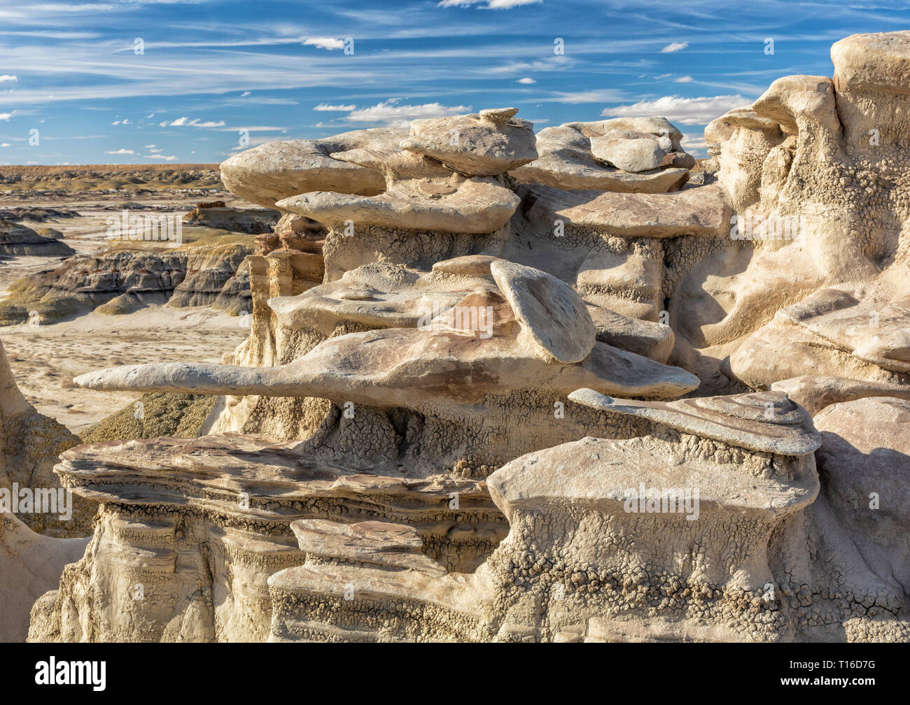 Layers of erosion sculpted hoodoos shaped like starships in the BIsit/De-Na-Zin WIlderness in New Mexico. Stock Photo