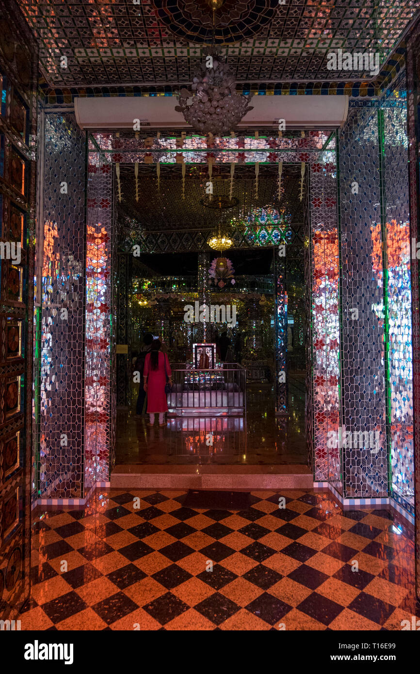 The unique Arulmigu Sri Rajakaliamman Glass Temple in Johor Bahru, Malaysia. The interior is completely covered in glass tiles. Front entrance. Stock Photo