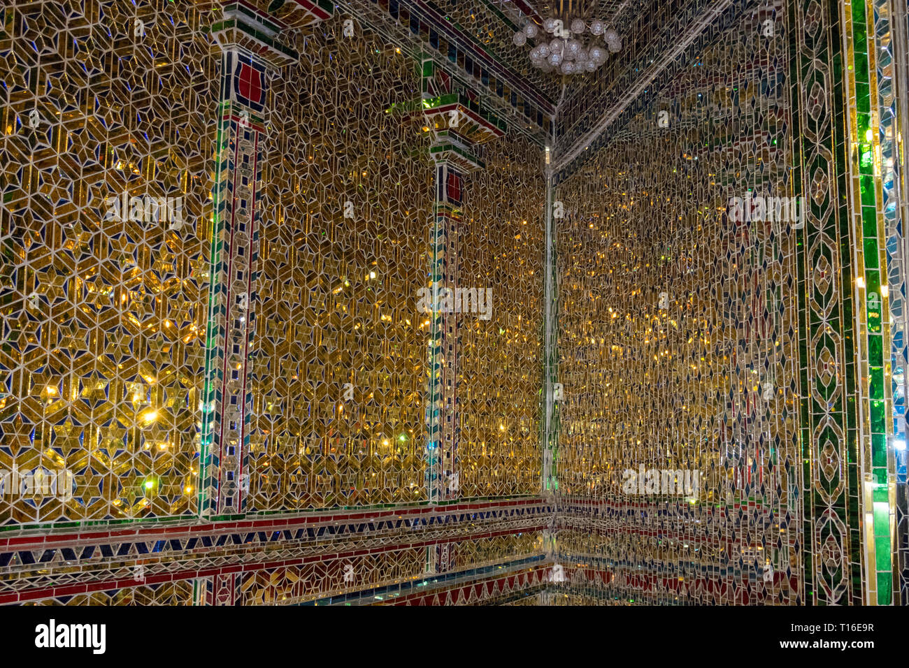 The unique Arulmigu Sri Rajakaliamman Glass Temple in Johor Bahru, Malaysia. The interior is completely covered in glass tiles. Glittery interior. Stock Photo