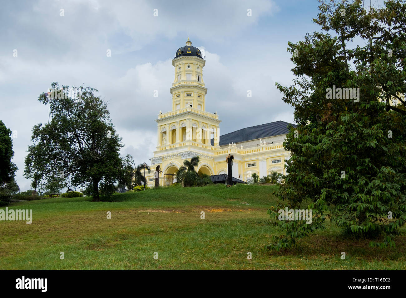 Exterior of the Sultan Abu Bakar Mosque in Johor Bahru, Malaysia. Done in a Moorish, Colonial architectural style. Stock Photo