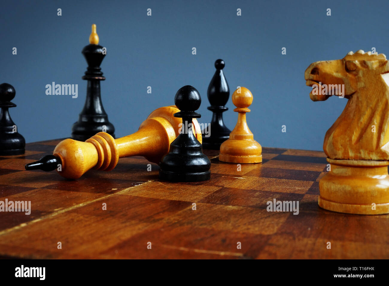 Two King chess pieces on a chessboard with the light king lying on its side  at the foot of the victorious dark wood King Stock Photo - Alamy