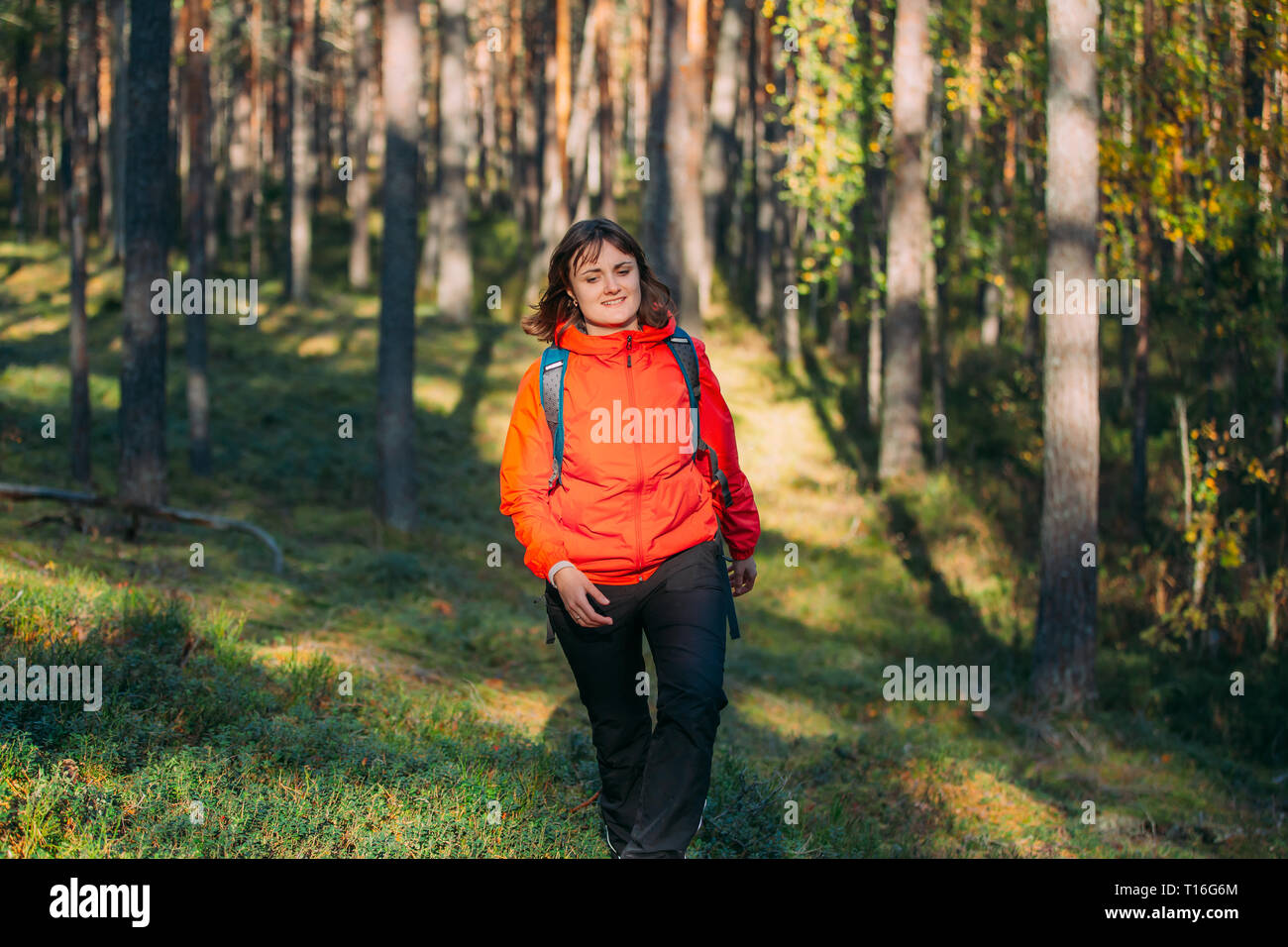 Active Young Beautiful CaucasianLady  Woman Dressed In Red Jacket Walking In Autumn Forest. Active Lifestyle In Fall Age Nature Stock Photo