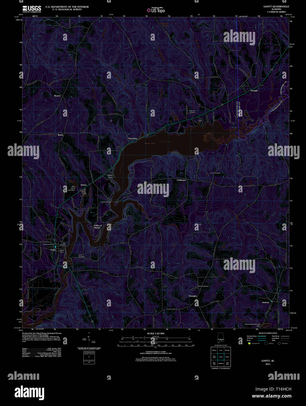 USGS TOPO Map Alabama AL Gantt 20110915 TM Inverted Stock Photo Alamy