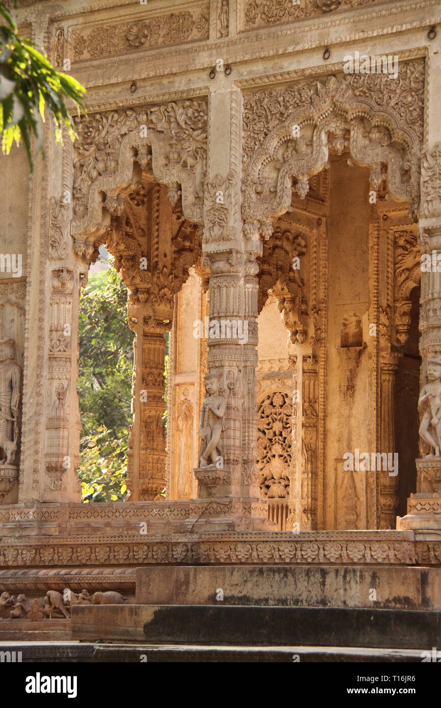 An intricately carved stone Jain Temple, Gwalior, Madhya Pradesh, India Stock Photo