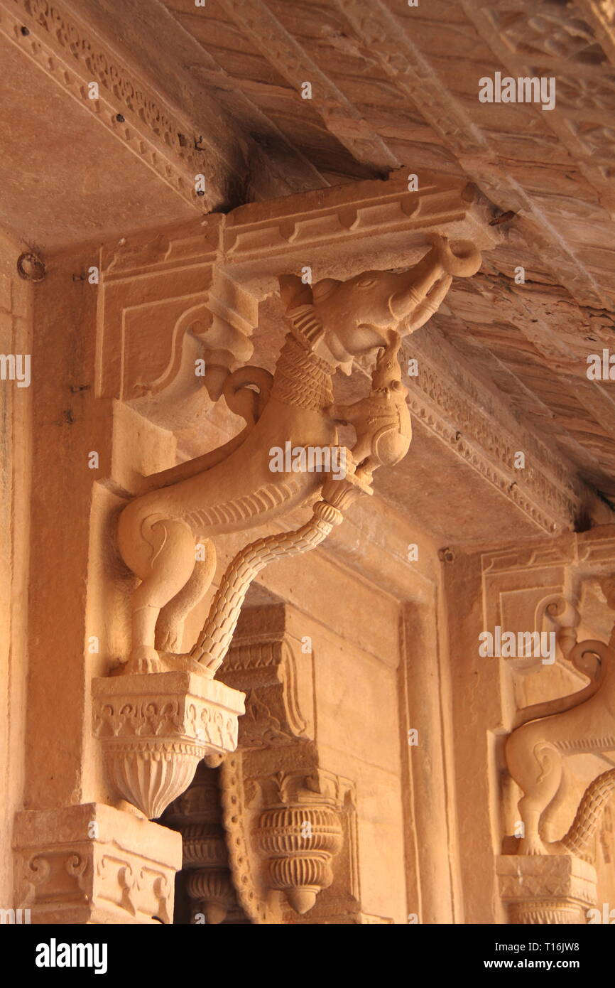 Carved stone roof support, Gwalior Fort, Madhya Pradesh, India Stock Photo