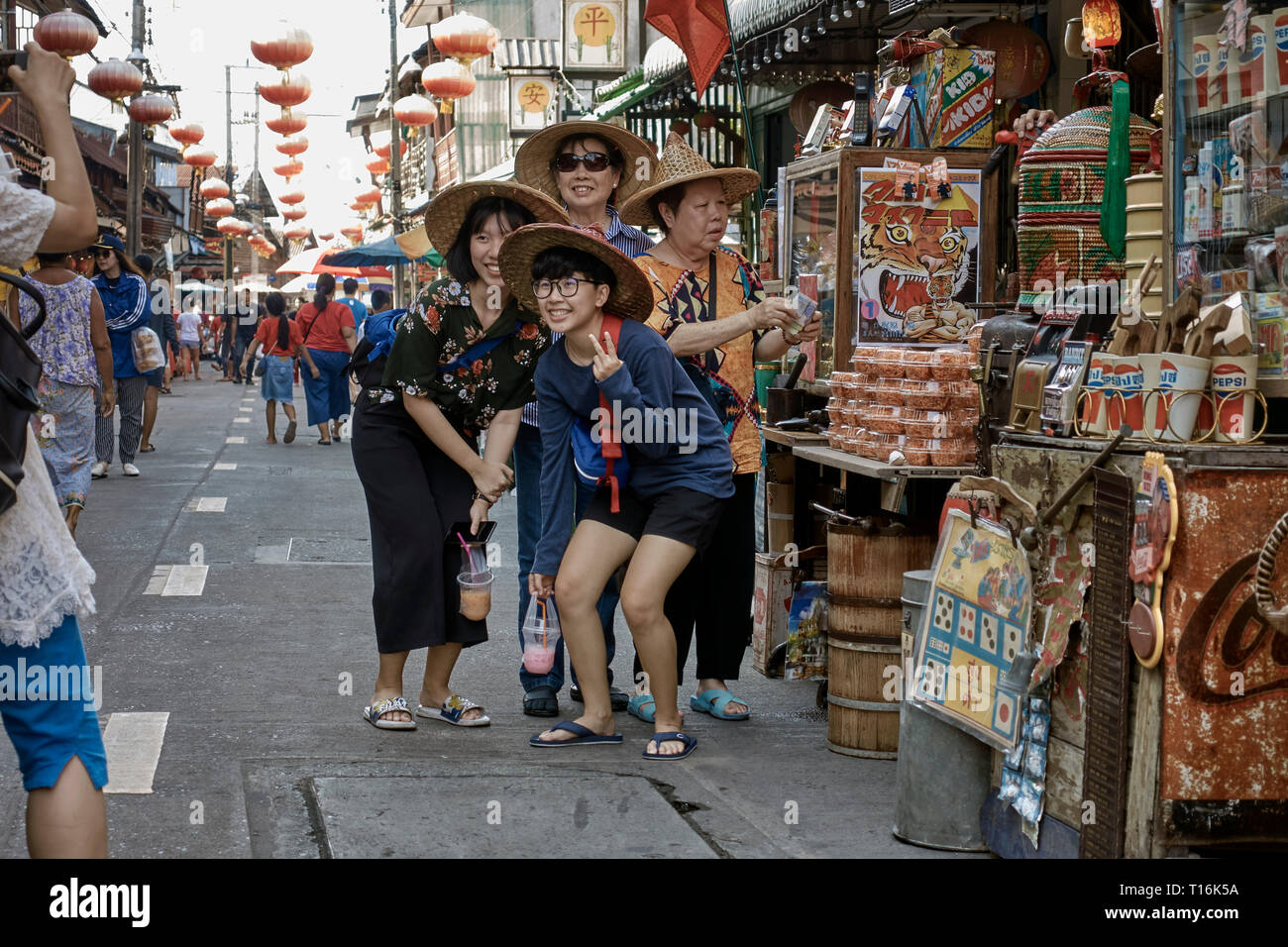 Tourists for for photos at Huay Yai Chinese street market, Pattaya, Thailand, Southeast Asia Stock Photo