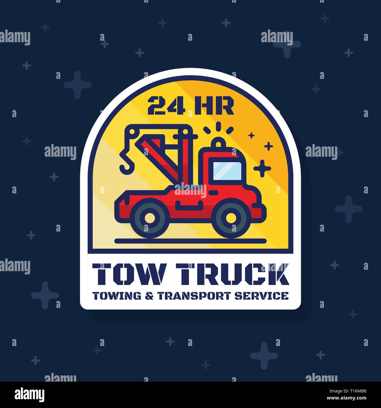 Tow truck badge banner. Towing and transport service sticker design