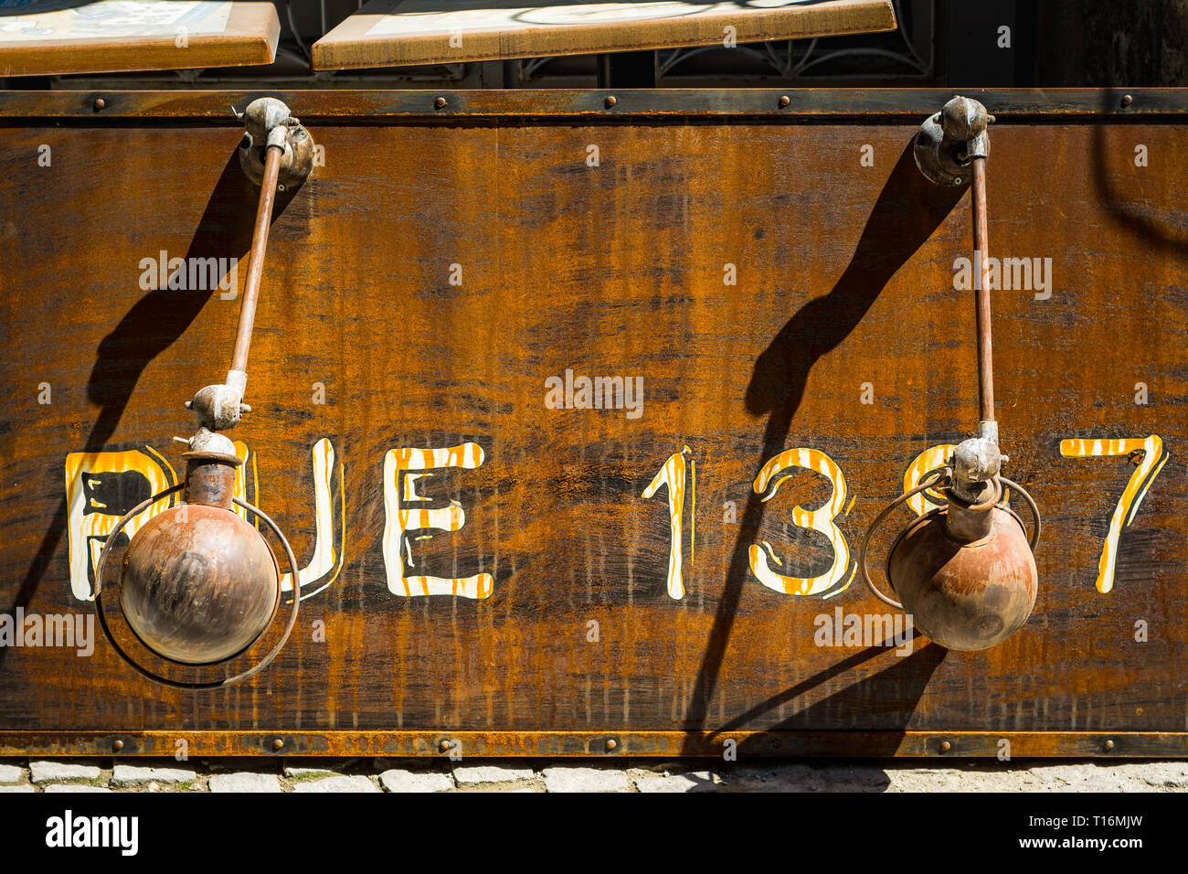 Vintage rusted shop sign Stock Photo - Alamy
