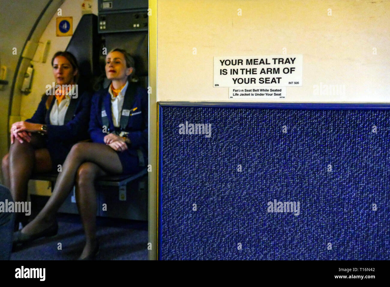 Two air hostesses on Ryanair budget carrier, airline, Stansted Airport, London, UK Stock Photo