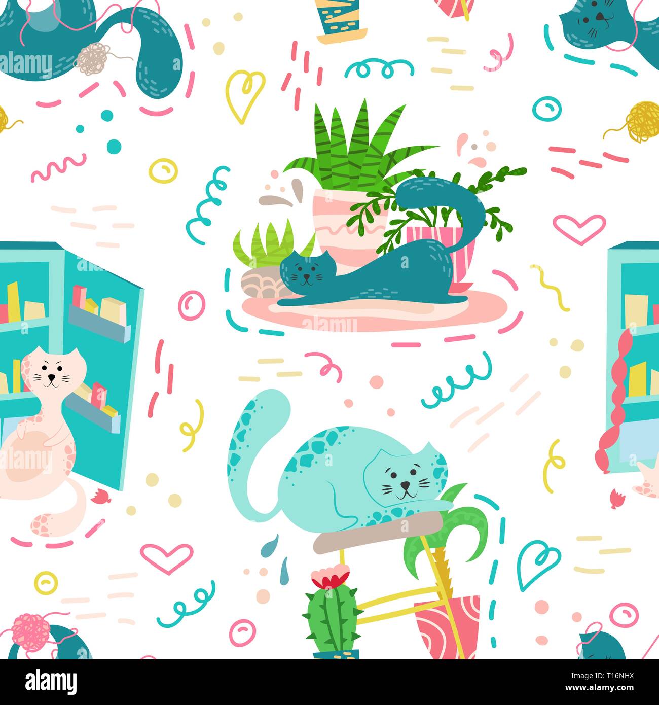 Cute seamless pattern with house plants, cats and doodles. Flowers in a ...
