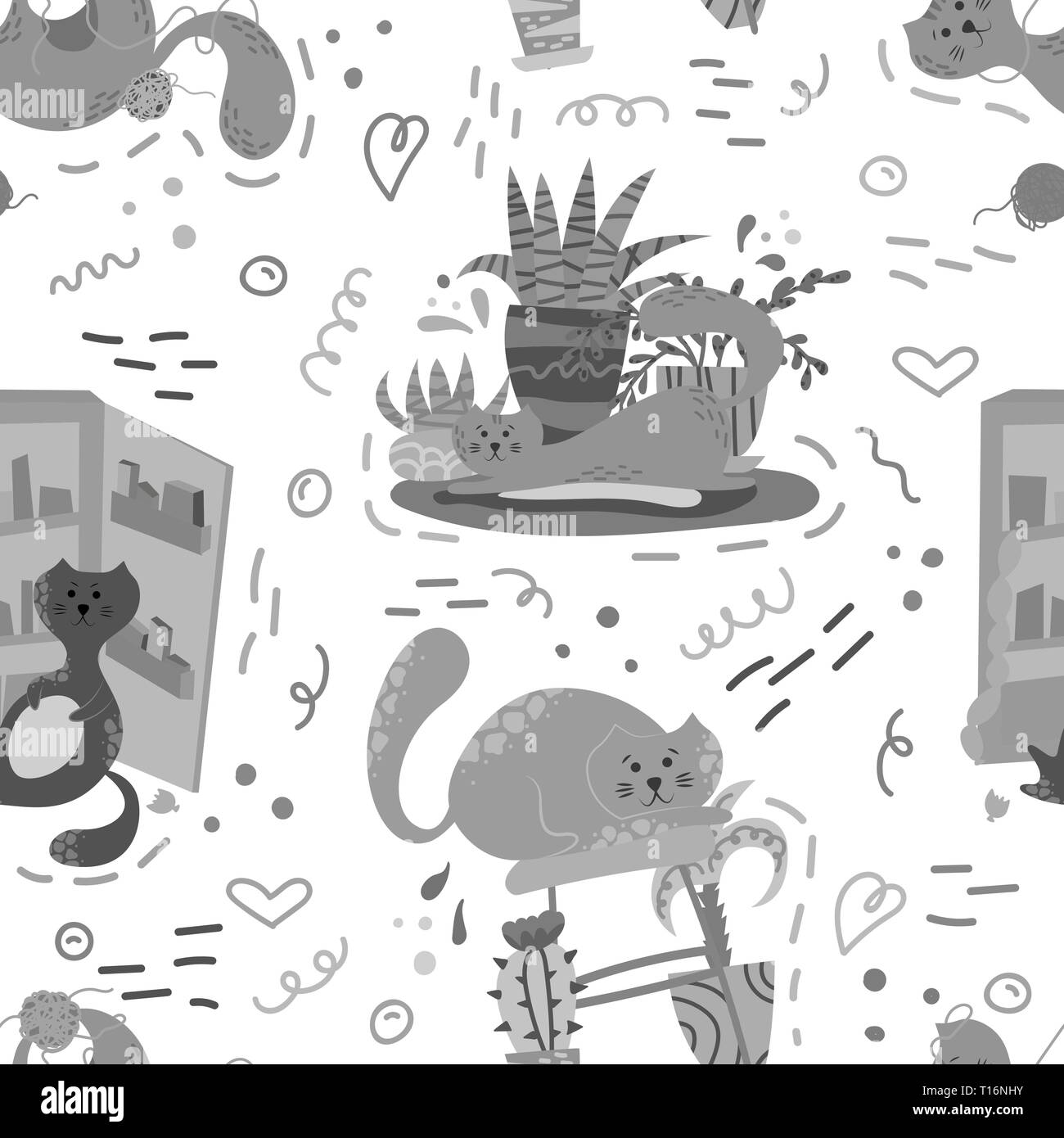 Cute seamless pattern with house plants, cats and doodles. Flowers in a ...