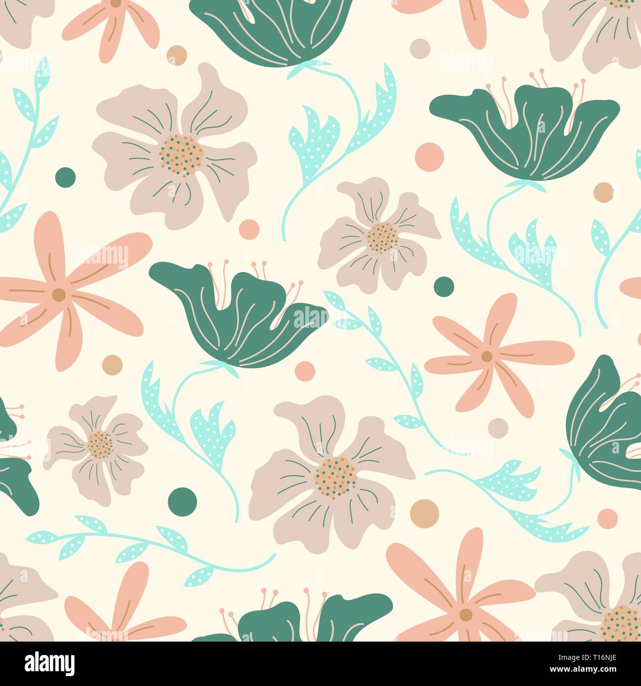 Trendy floral seamless pattern with doodle flowers. Vector background design. Stock Vector