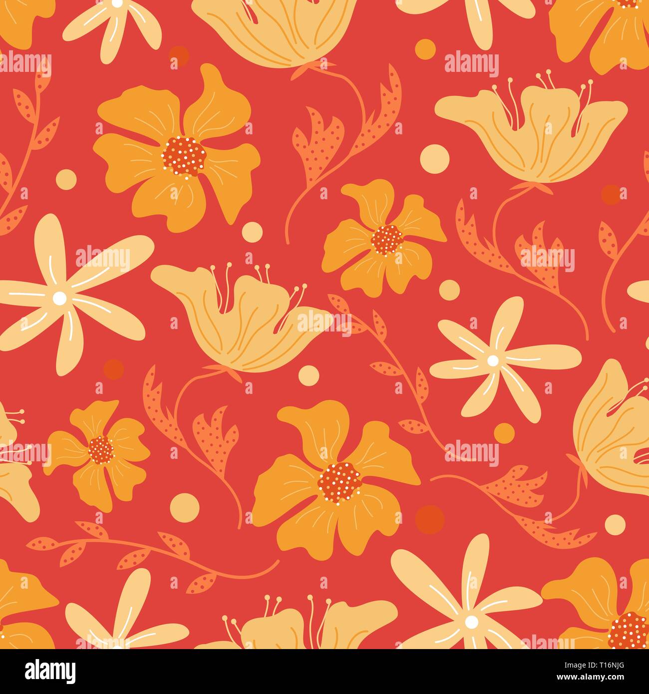 Trendy floral seamless pattern with doodle flowers. Vector background design. Stock Vector