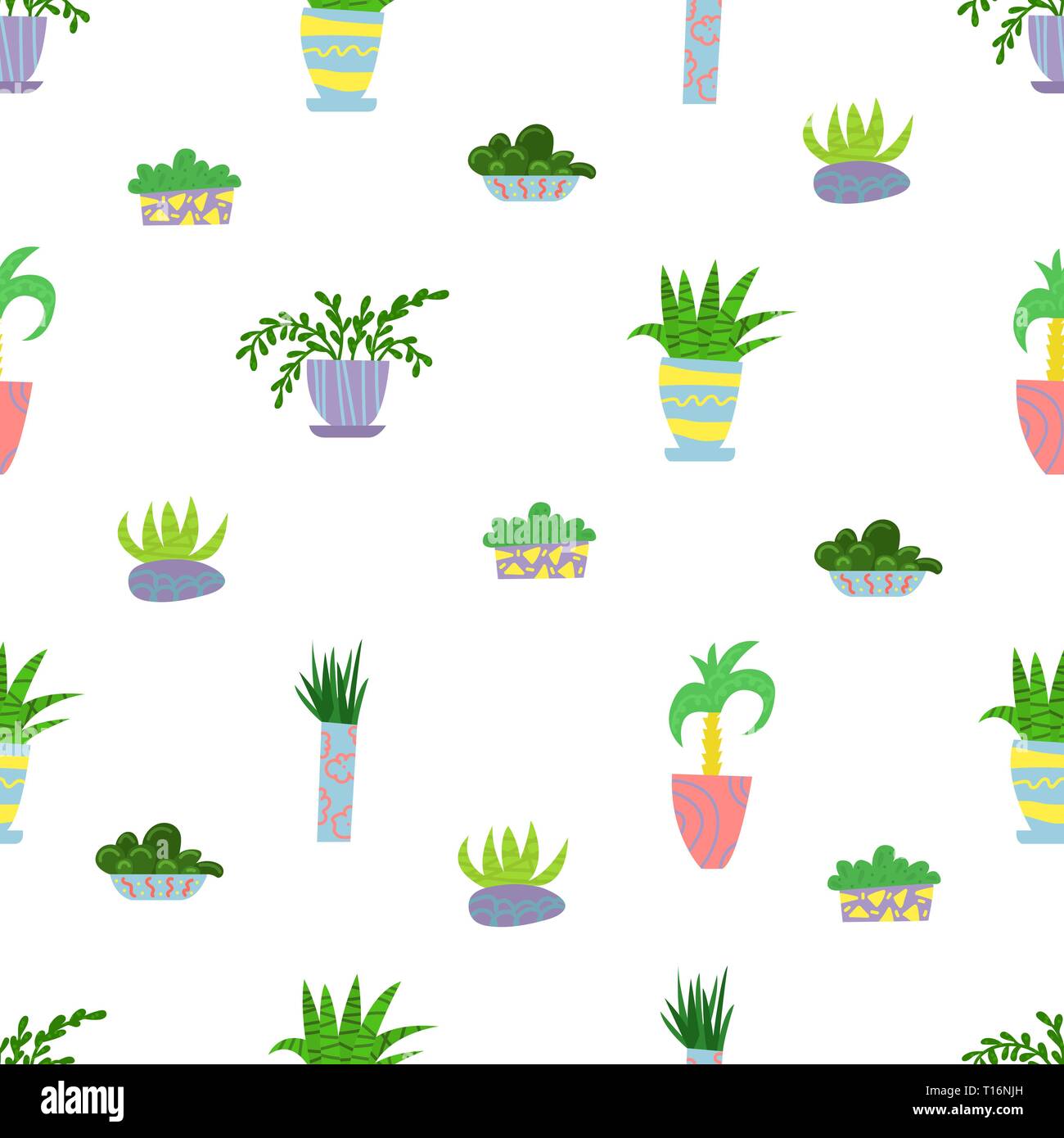 Cute seamless pattern with house plants. Flowers in a pots. Hygge home ...