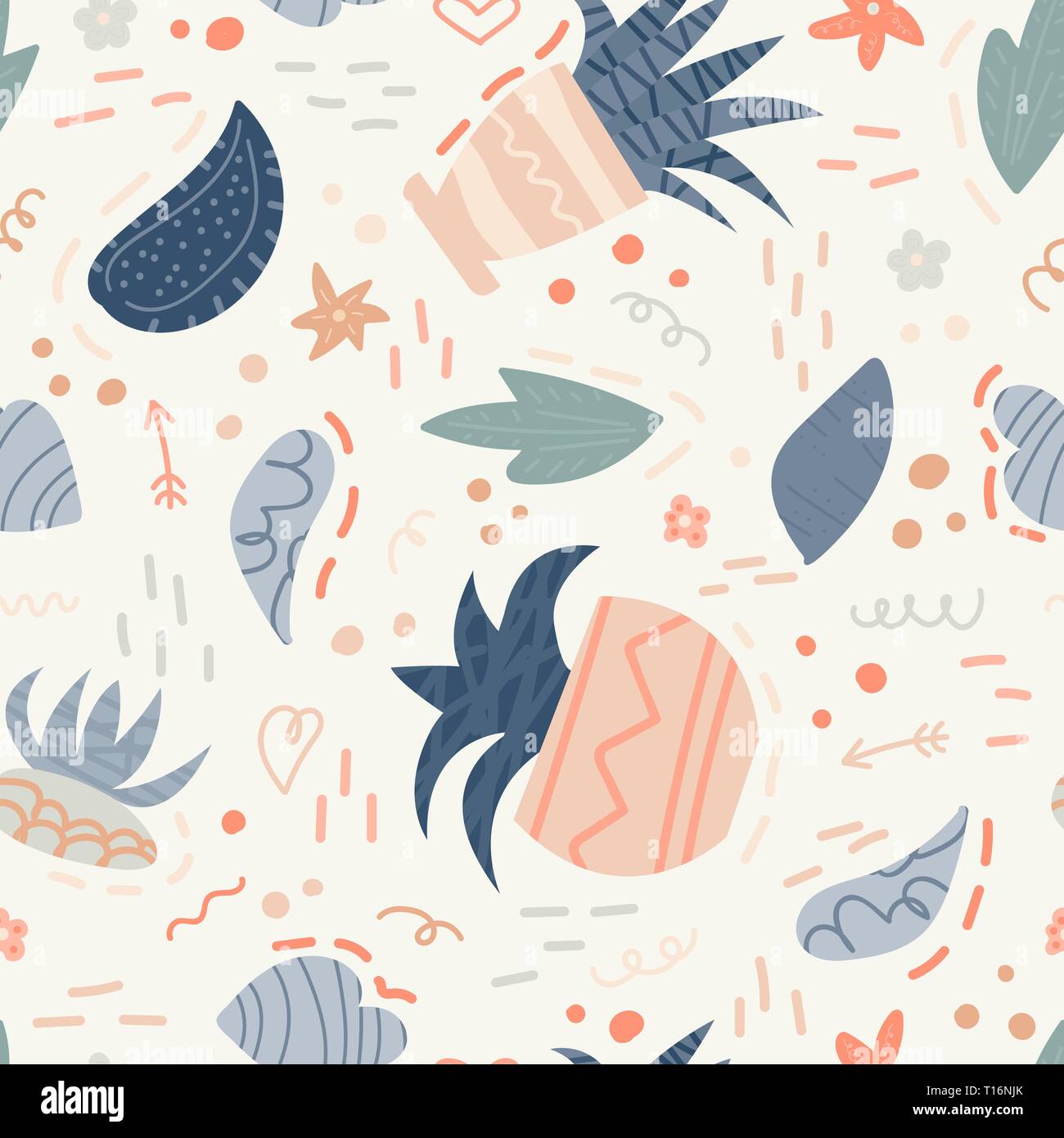 Cute seamless pattern with house plants and doodles. Flowers in a pots ...