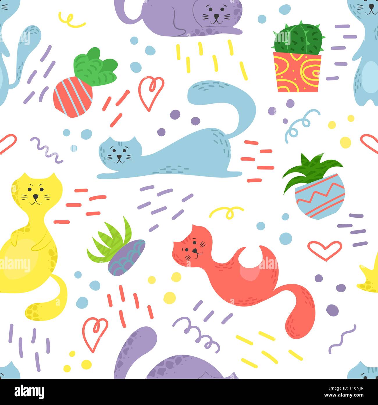 Cute seamless pattern with house plants, cats and doodles. Flowers in a ...