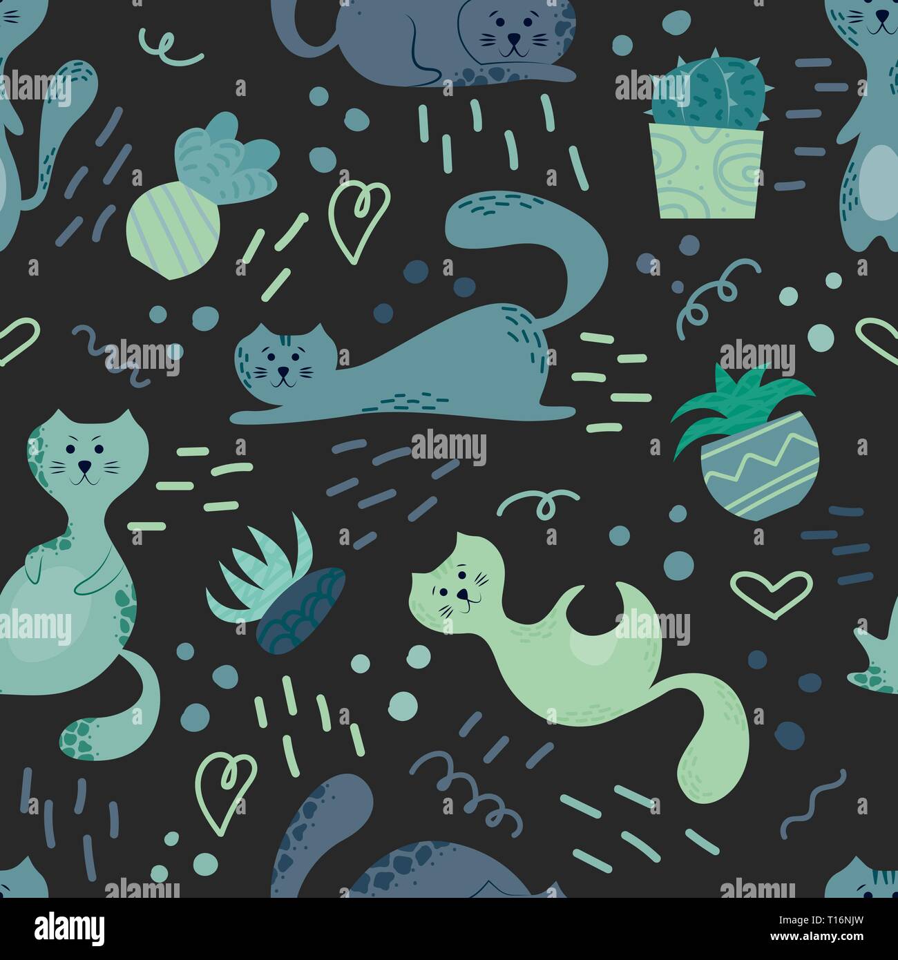 Cute seamless pattern with house plants, cats and doodles. Flowers in a ...