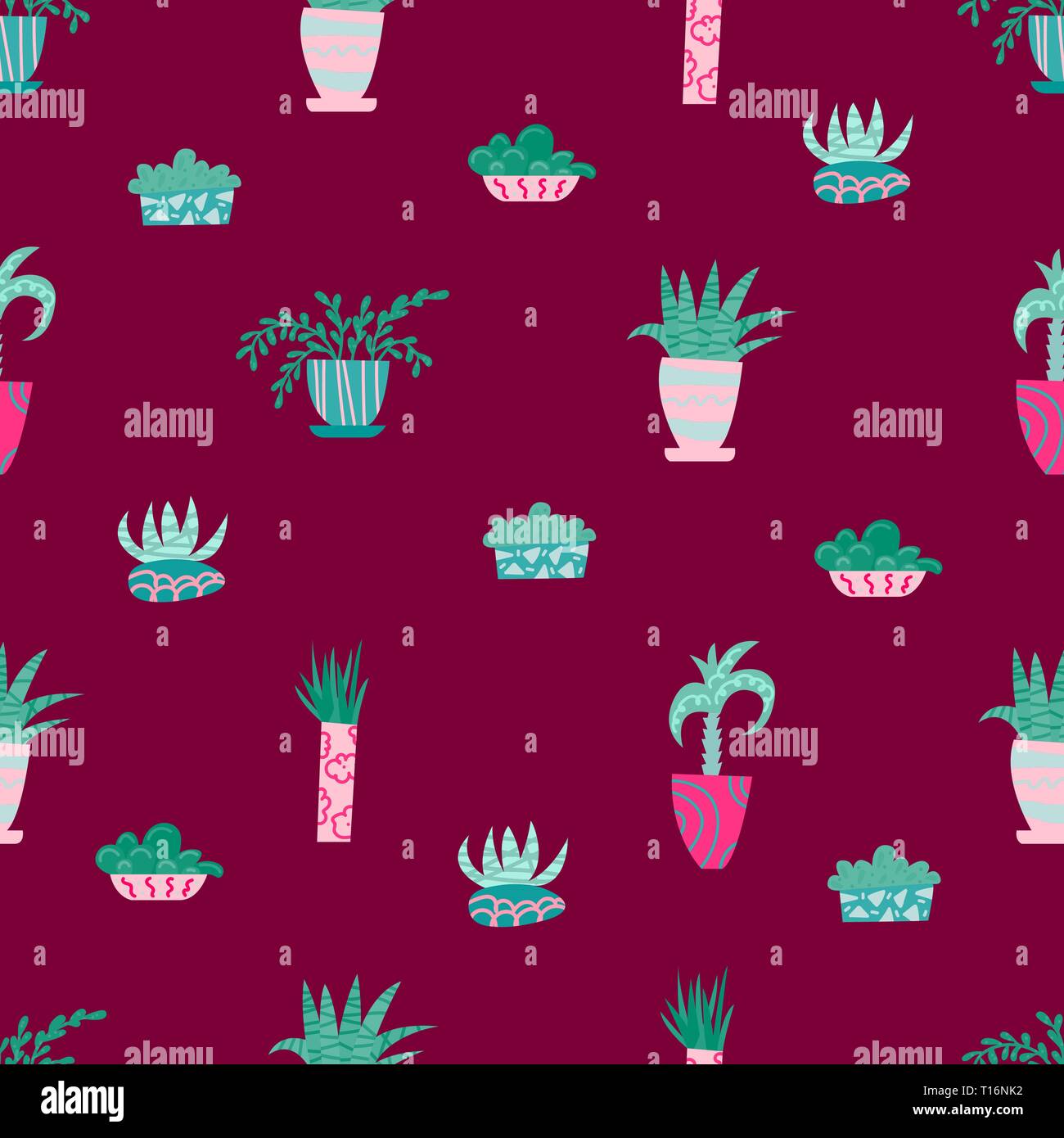 Cute seamless pattern with house plants. Flowers in a pots. Hygge home ...