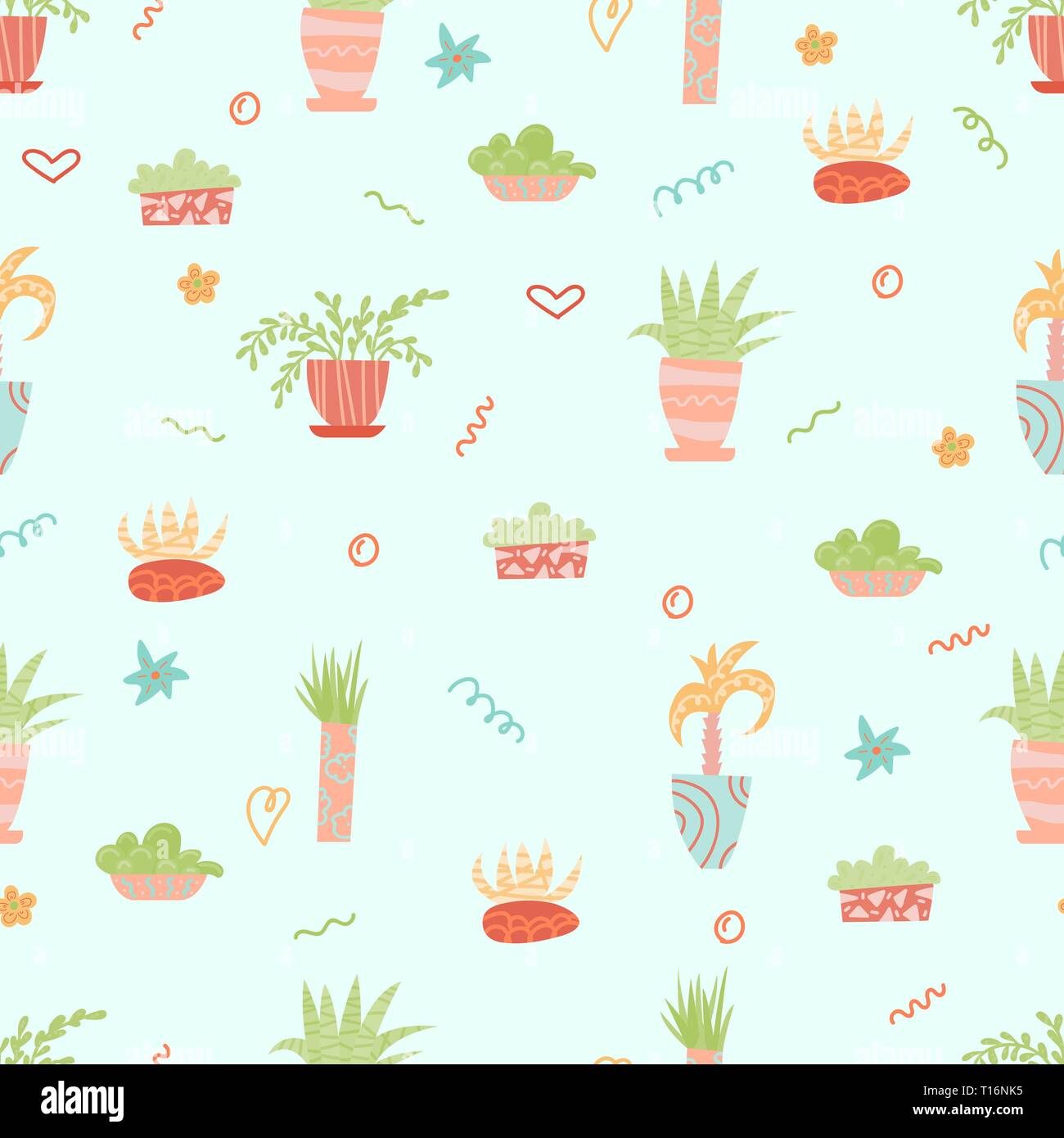 Cute seamless pattern with house plants. Flowers in a pots. Hygge home ...