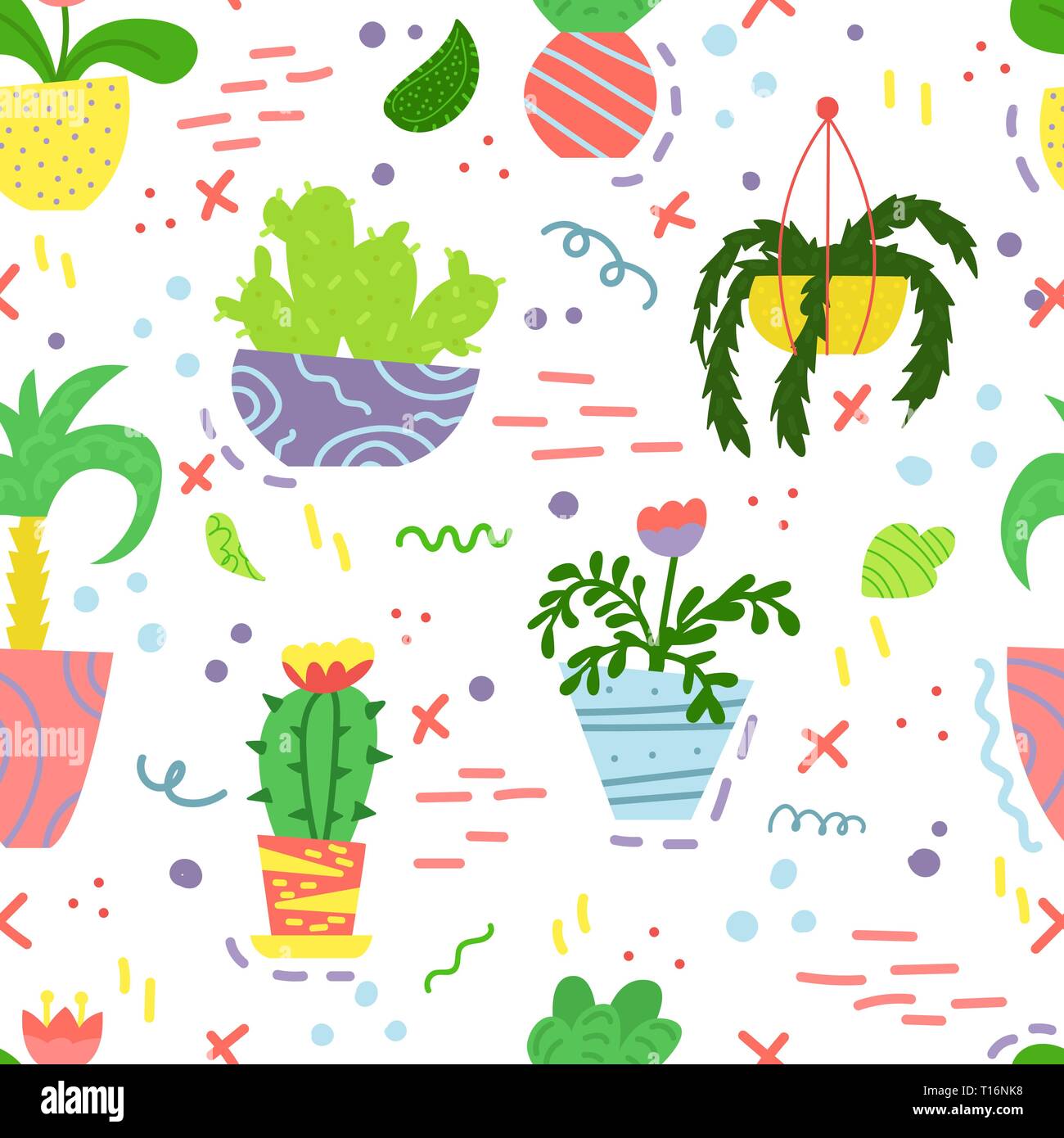 Cute seamless pattern with house plants and doodles. Flowers in a pots ...