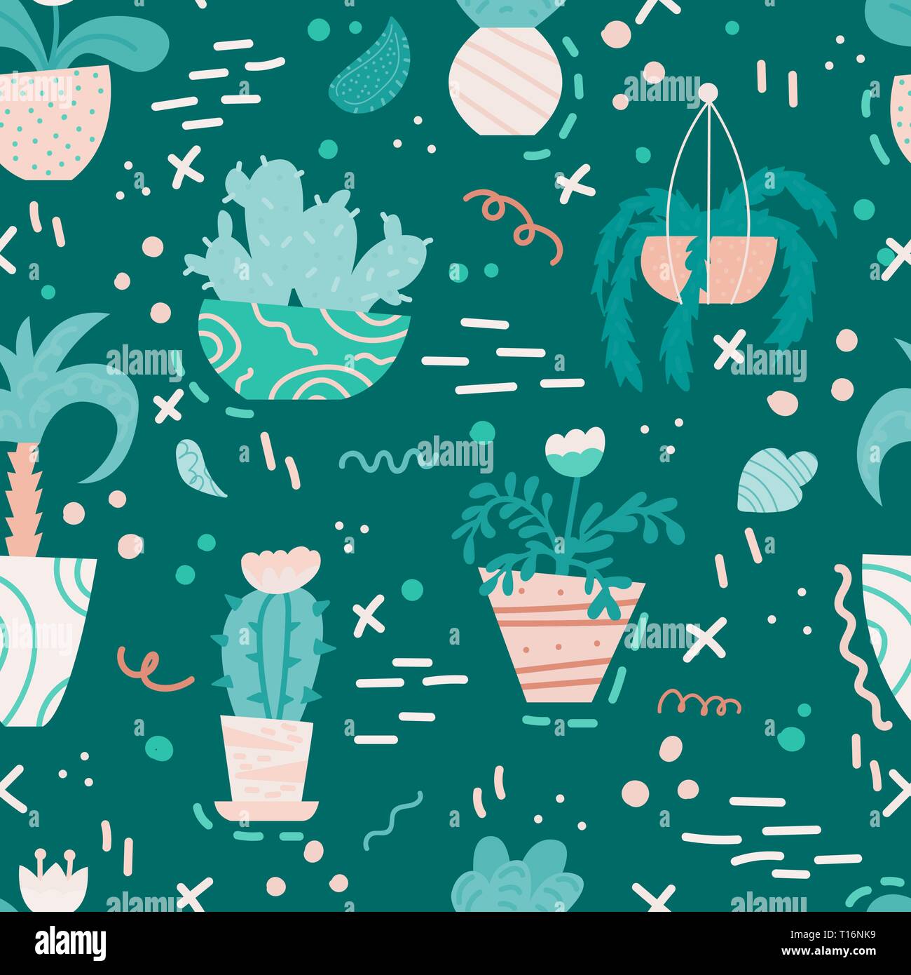 Cute seamless pattern with house plants and doodles. Flowers in a pots ...