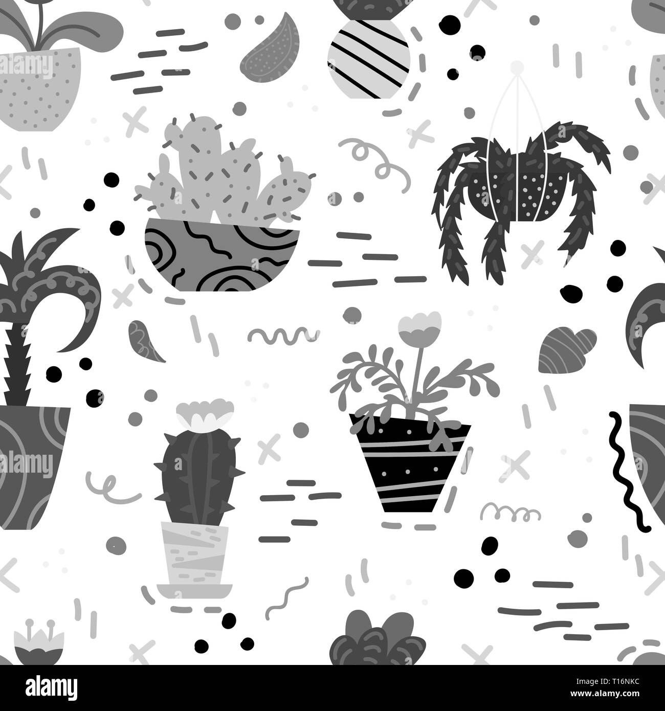 Cute seamless pattern with house plants and doodles. Flowers in a pots ...