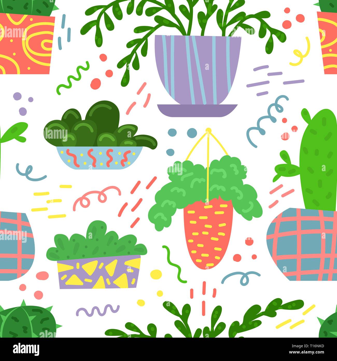 Cute seamless pattern with house plants and doodles. Flowers in a pots ...