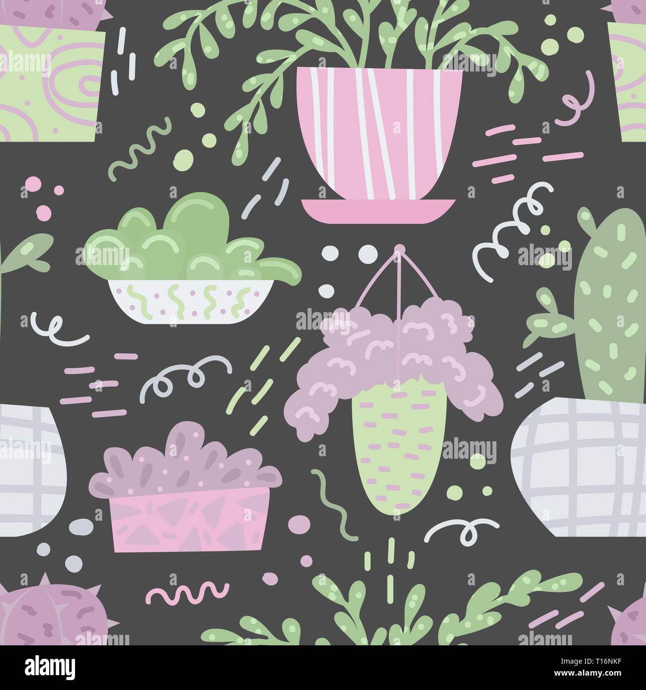 Cute seamless pattern with house plants and doodles. Flowers in a pots ...