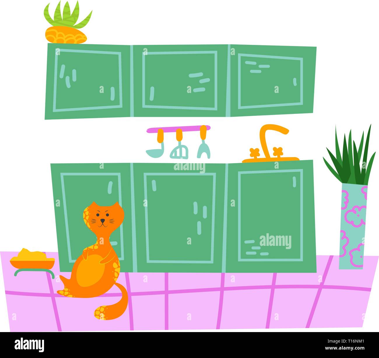 Fancy interior with home plants in pots. Kitchen. Isolated vector image. Pet Stock Vector