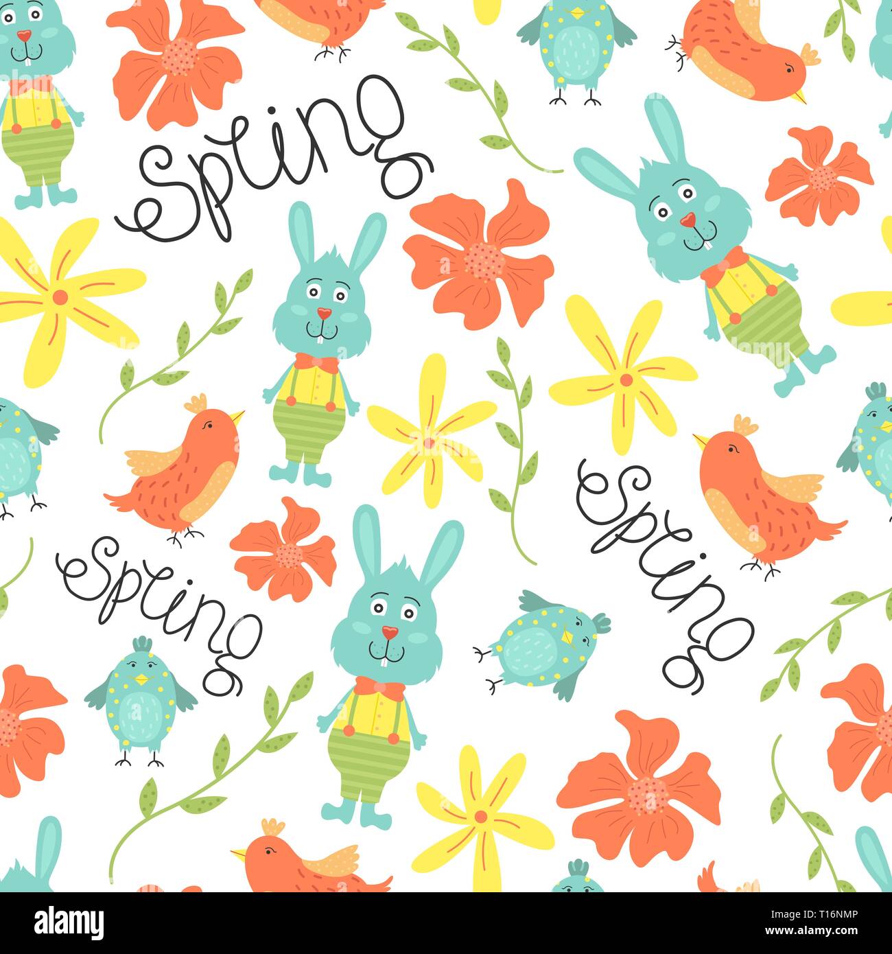 Cute seamless pattern with flowers, birds, and bunnies. Vector spring background. Stock Vector
