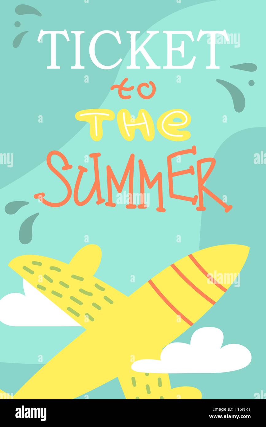 Summer postcard with cute plane. Vector cartoon illustration. Vacations. Stock Vector