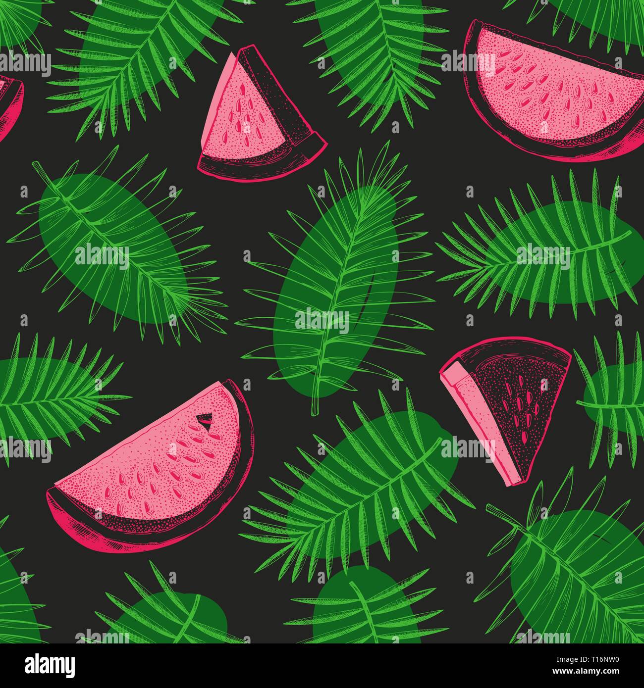 Watermelon and tropical leaves seamless pattern. Hand drawn vector ...