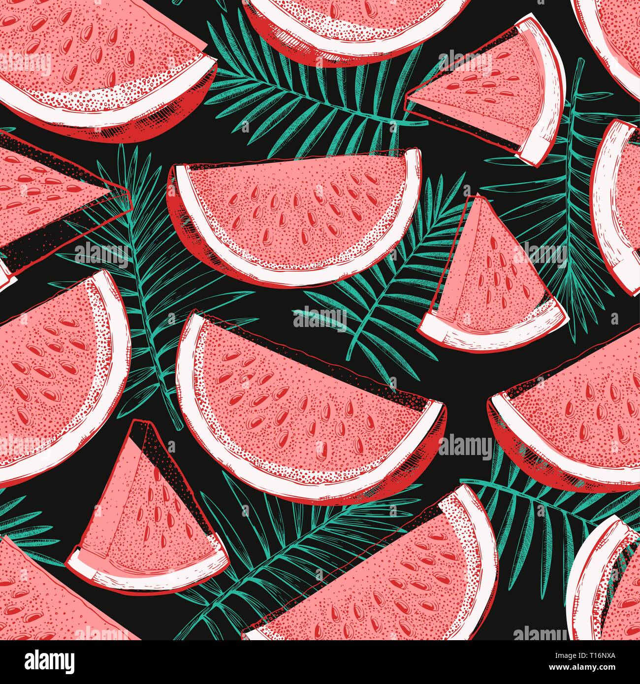 Watermelon and tropical leaves seamless pattern. Hand drawn vector ...