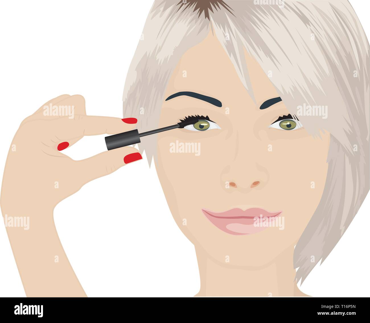 A girl applying mascara on to her eye vector illustration Stock Vector