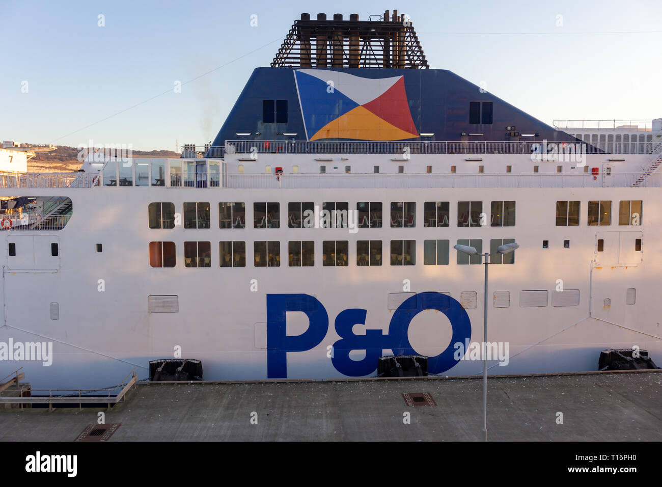 25th February 2019; Dover, Kent, UK; Detail View of Side of Ferry Operated by P&O Ferries with Company Name and Logo Stock Photo