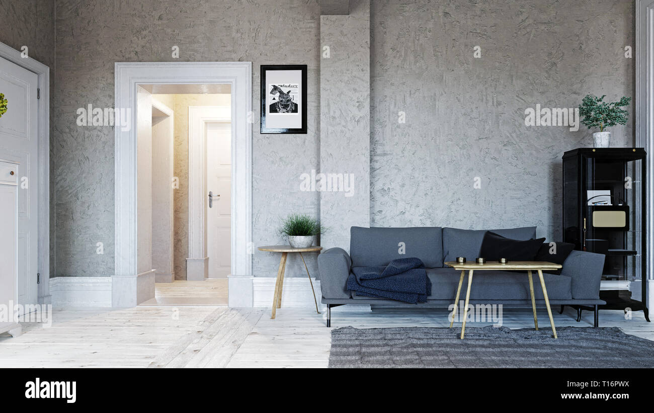 Modern Scandinavian Style Living Room Interior Design 3d