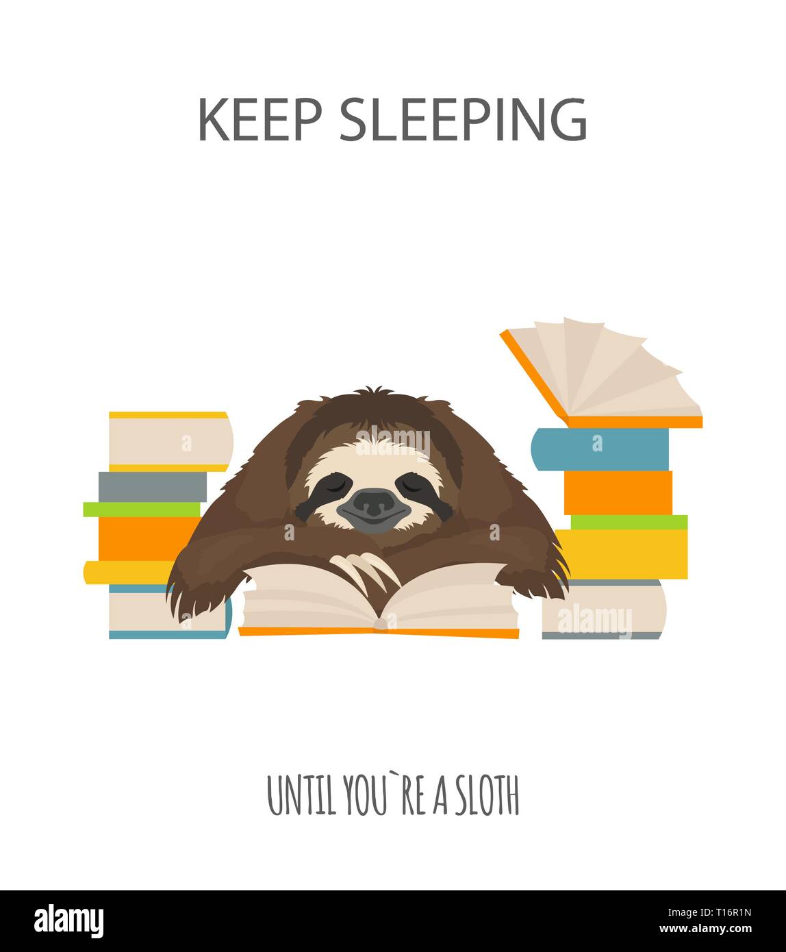 The story of one sloth. At work, study. Funny cartoon sloths in different postures set. Vector illustration Stock Vector