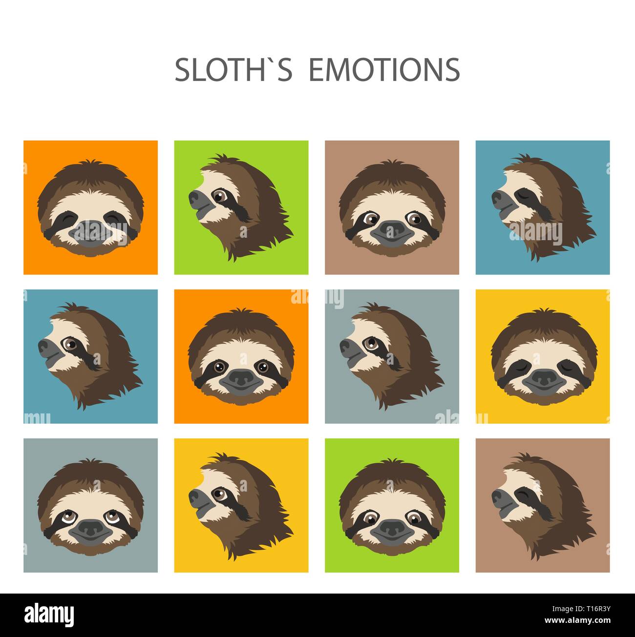 Sloth face emotions collection. Funny cartoon animals. Vector illustration Stock Vector