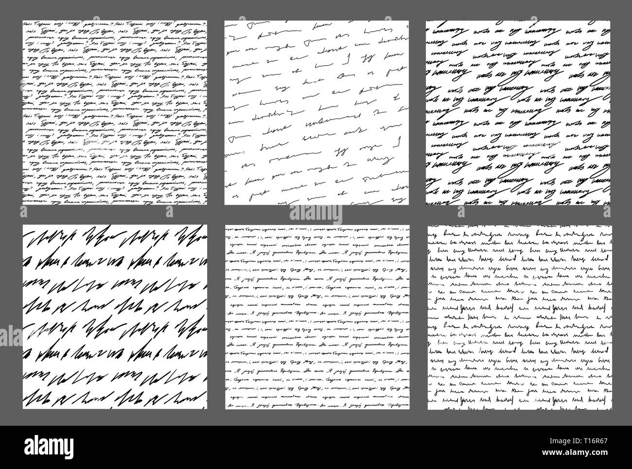 Handwriting backgrounds set sursive seamless patterns collection Stock Vector