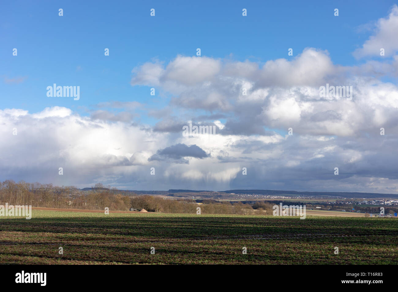 Green fields and blue skies over hessen in Germany Stock Photo