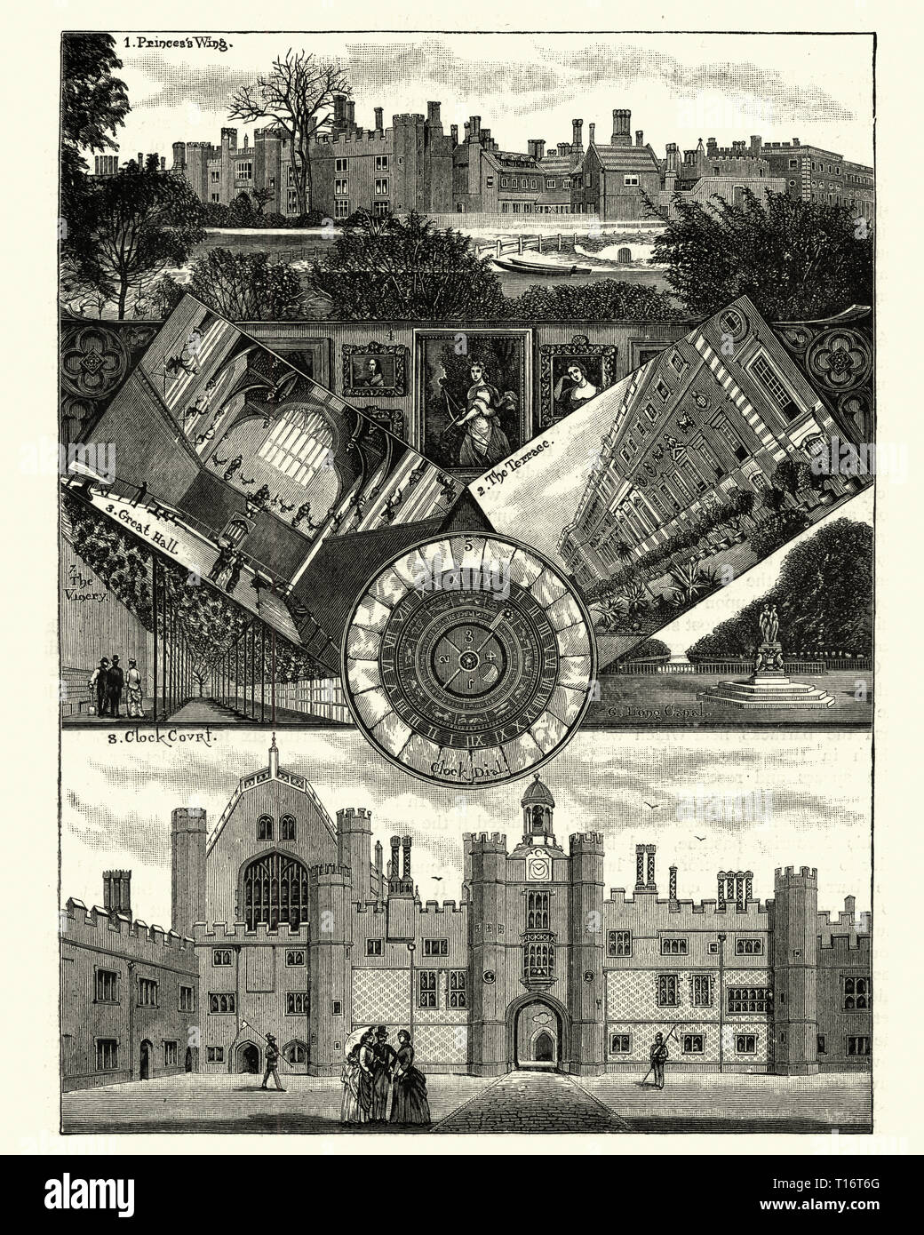Vintage engraving of Hampton Court Palace, a royal palace in the borough of Richmond upon Thames.  Building of the palace began in 1515 for Cardinal Thomas Wolsey, a favourite of King Henry VIII. Stock Photo