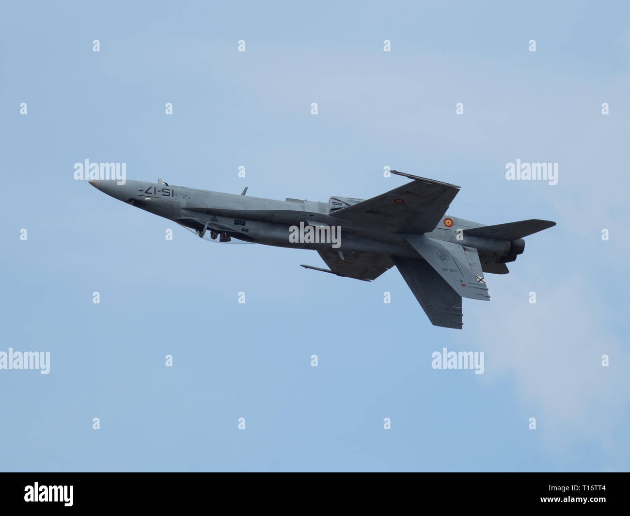 Kleine-Brogel, Belgium - September 8, 2018: image of an F-18 of the spanish air force flying upside down. Stock Photo