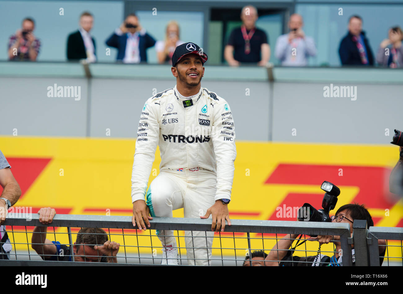 Lewis Hamilton celebrating after winning the British F1 Grand Prix at Silverstone in 2017. Stock Photo