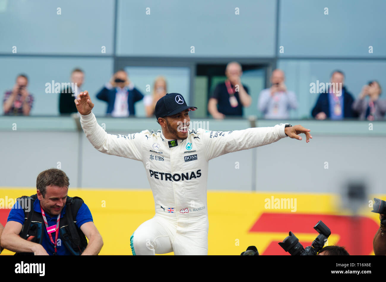 Lewis Hamilton celebrating after winning the British F1 Grand Prix at Silverstone in 2017. Stock Photo