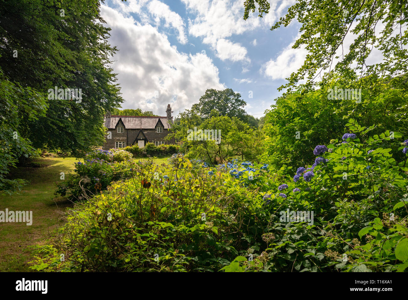 A small stone cottage hidding in the lush vegetation found near Llyn Gwynant, Wales, United Kingdom Stock Photo