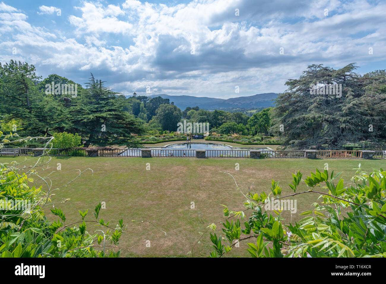 View on the countryside from the main southern terrace, Bodnant garden, Conwy, Wales, United Kingdom Stock Photo