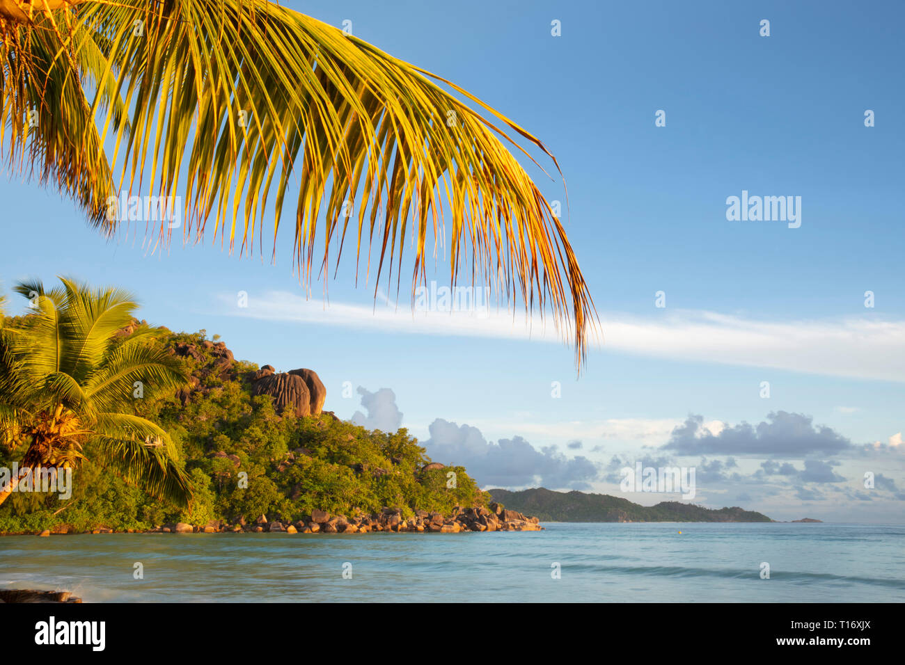 Early sunlight on a rocky peninsula next to Anse Volbert, Praslin, the Seychelles Stock Photo