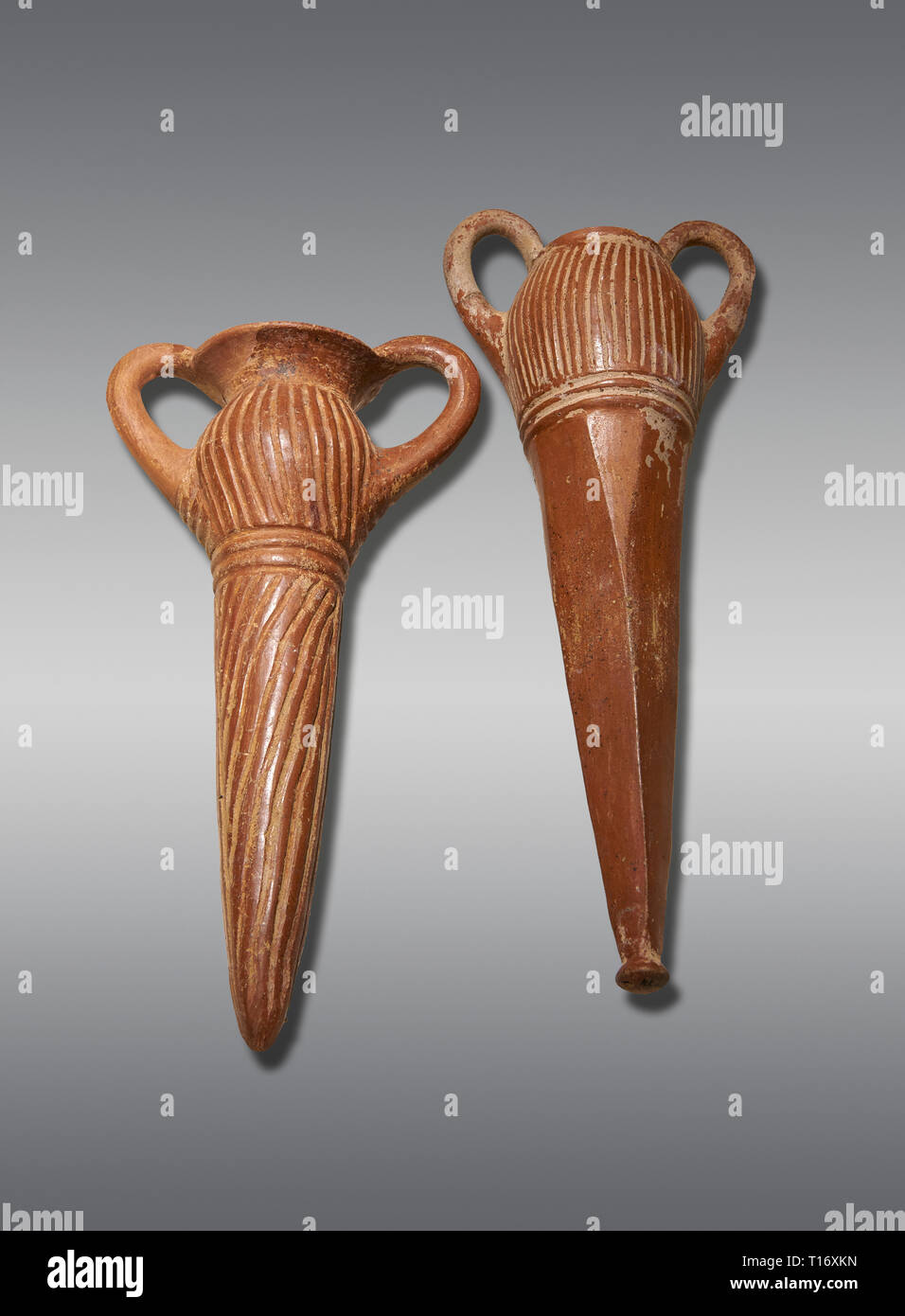 Bronze Age Anatolian terra cotta two handled beakers - 19th to 17th century BC - Kültepe Kanesh - Museum of Anatolian Civilisations, Ankara, Turkey. A Stock Photo